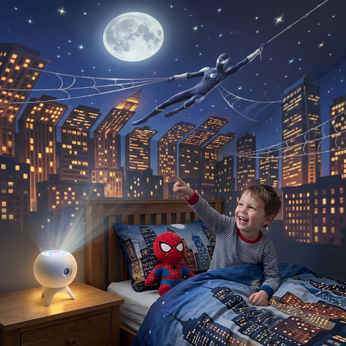 Kid's bedroom lit up with WebGlow night city projection
